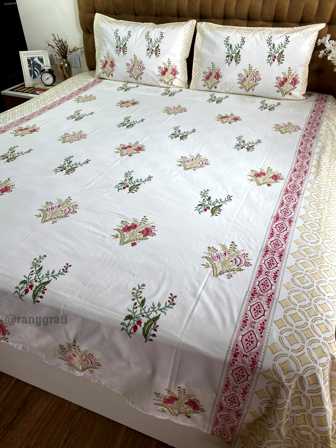Hand Block Cotton Crimson Pink Pomegranate King Size Bedsheet