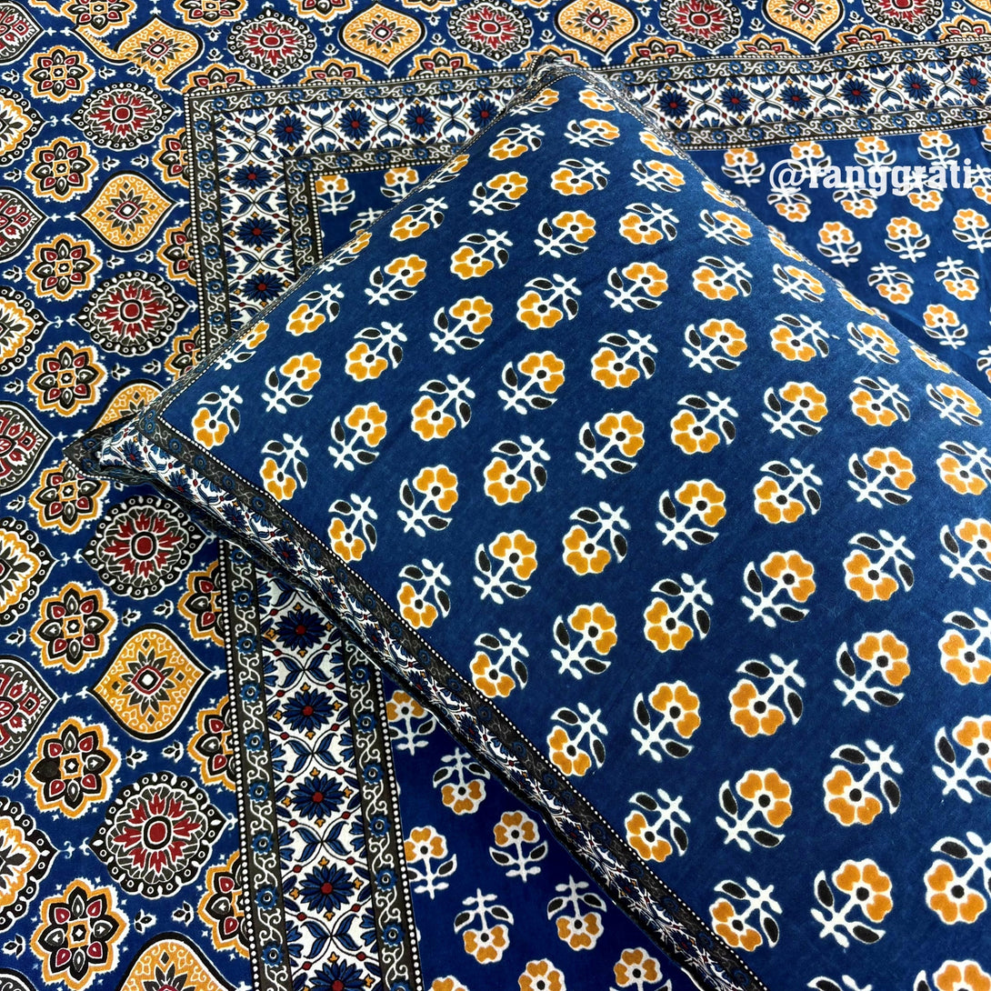Dark Blue Chamomile Floral Jaipuri Cotton Bedsheet King Size - Bedsheet