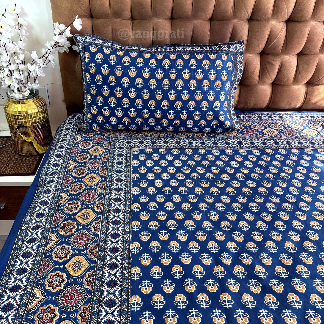 Dark Blue Chamomile Floral Jaipuri Cotton Bedsheet King Size - Bedsheet