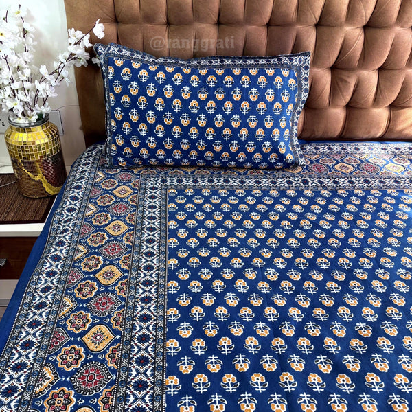 Dark Blue Chamomile Floral Jaipuri Cotton Bedsheet King Size - Bedsheet