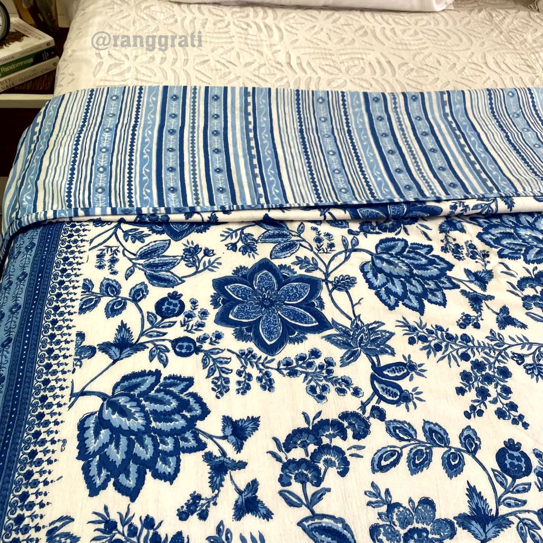 Dark Blue Floral Cotton Dohar For Double Bed AC Quilt - Dohar