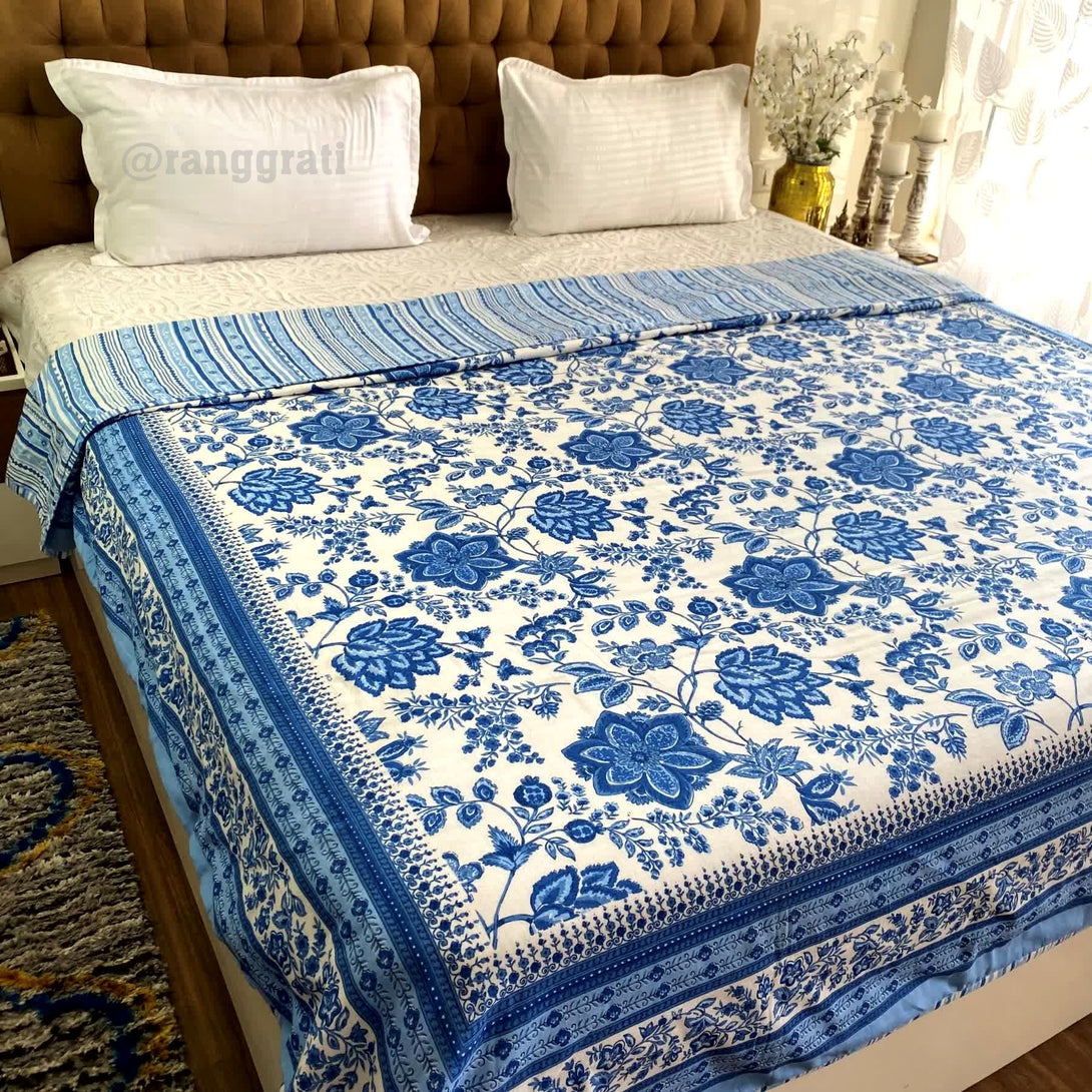 Dark Blue Floral Cotton Dohar For Double Bed AC Quilt - Dohar