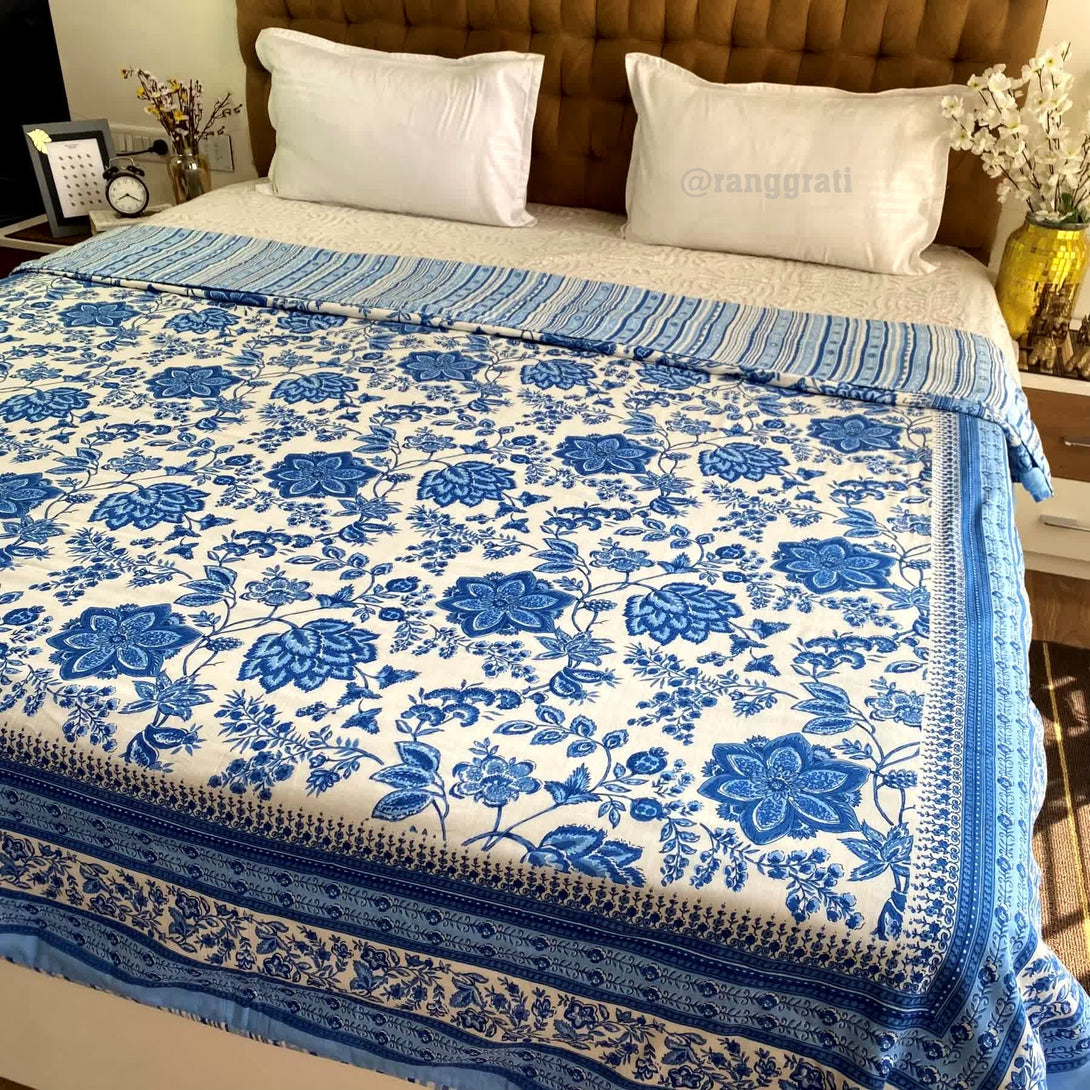 Dark Blue Floral Cotton Dohar For Double Bed AC Quilt - Dohar