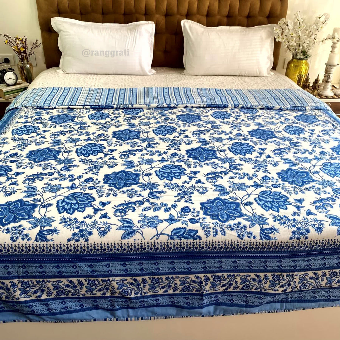 Dark Blue Floral Cotton Dohar For Double Bed AC Quilt - Dohar