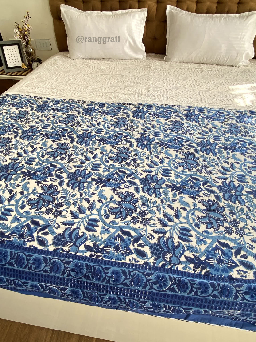 Dark Blue Floral Double Dohar For Double Bed In Mulmul Cotton - Dohar