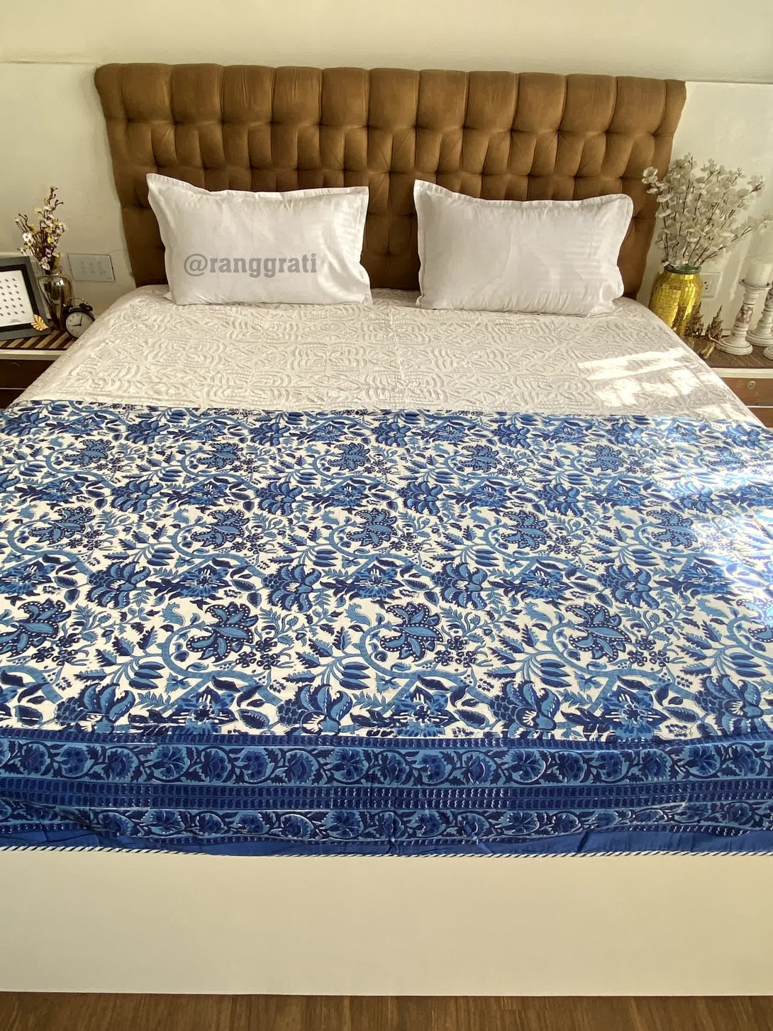 Dark Blue Floral Double Dohar For Double Bed In Mulmul Cotton - Dohar