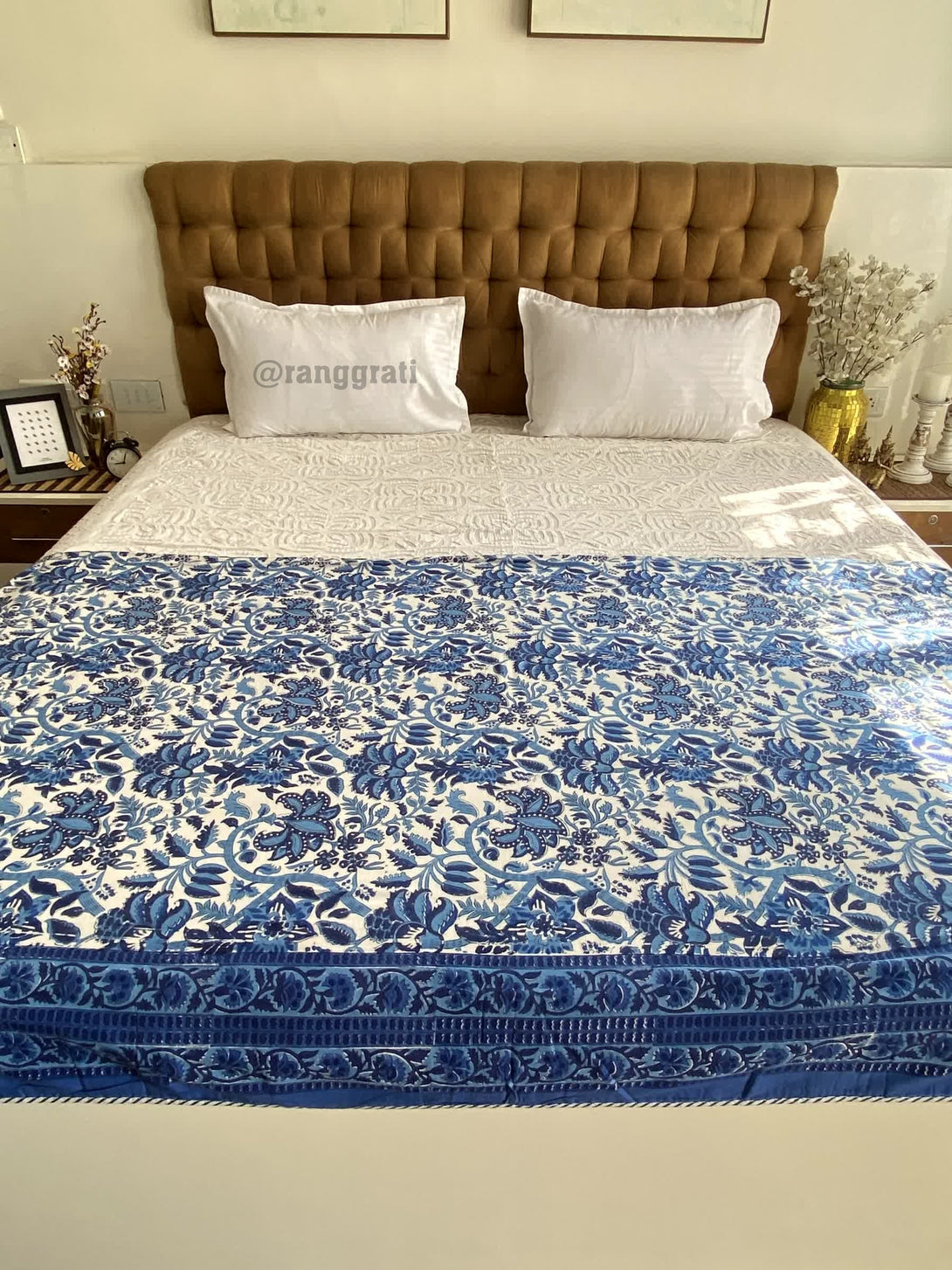 Dark Blue Floral Double Dohar For Double Bed In Mulmul Cotton - Dohar