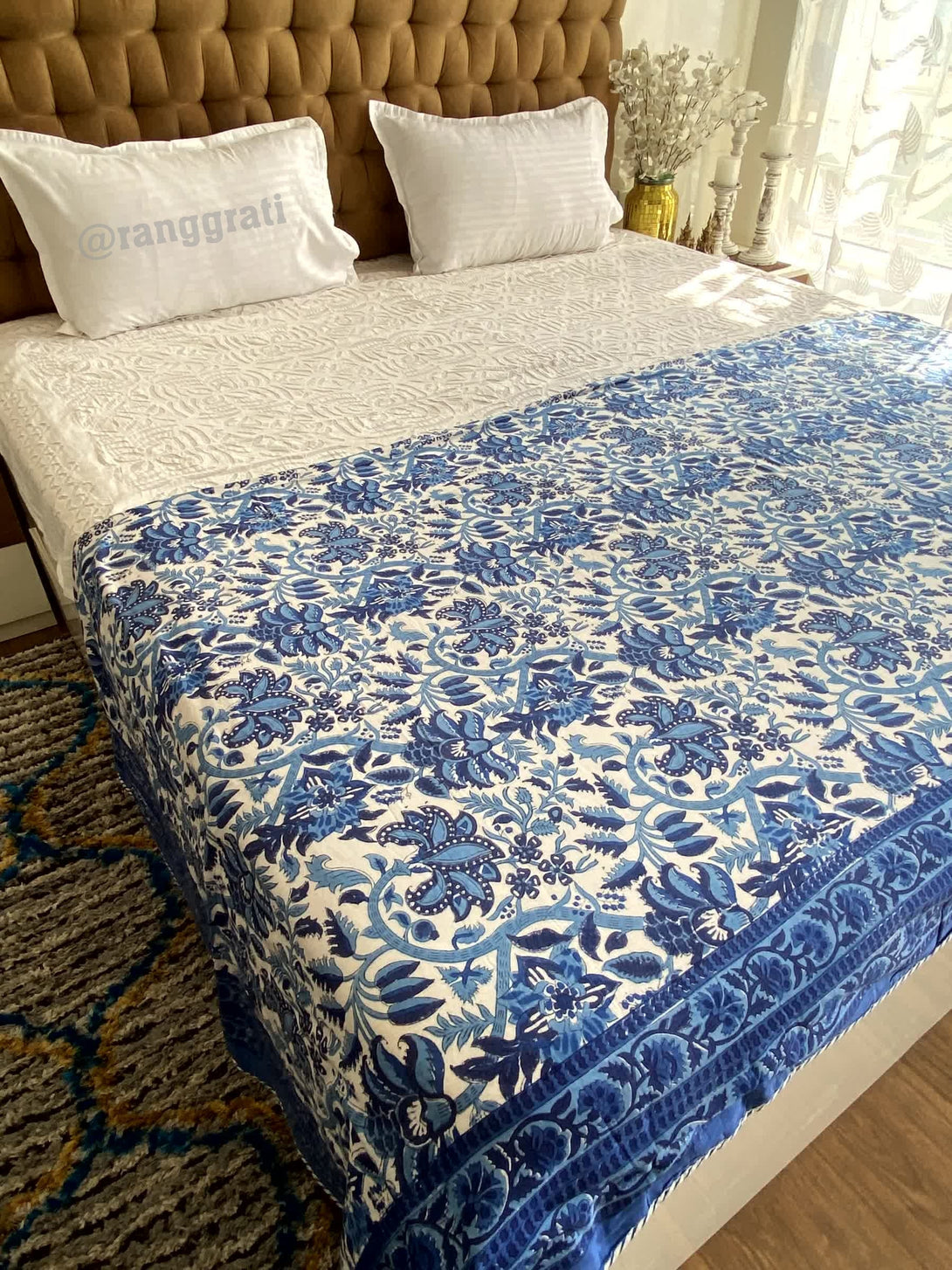 Dark Blue Floral Double Dohar For Double Bed In Mulmul Cotton - Dohar