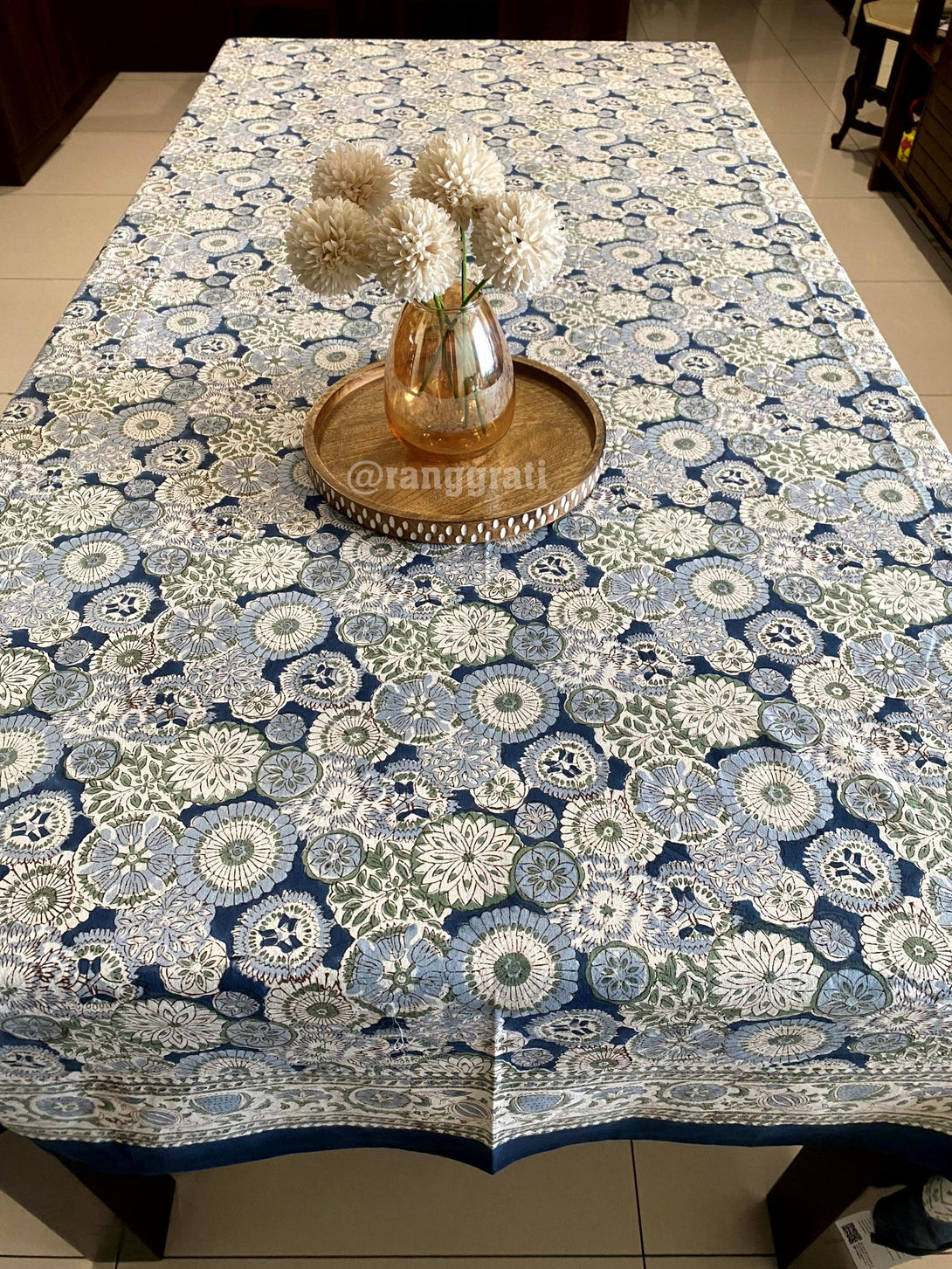 Dark Blue Floral Table Cover 6 Seater Dining Table Rectangular - Table Cover