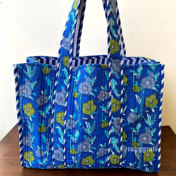 Dark Blue Floral Tote Bag Quilted Hand Block Cotton Without Zip - Tote Bag