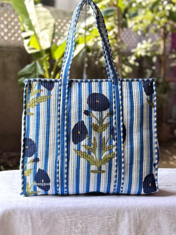 Dark Blue Poppy Floral Tote Bag Quilted Hand Block Printed In Cotton With Zip