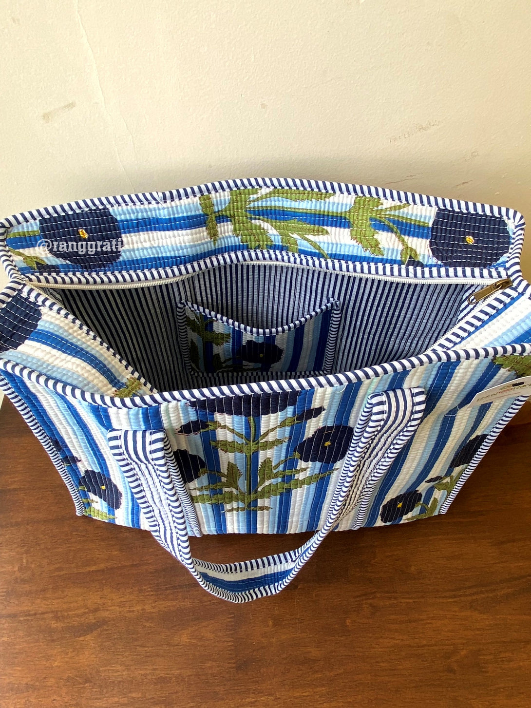 Dark Blue Poppy Floral Tote Bag Quilted