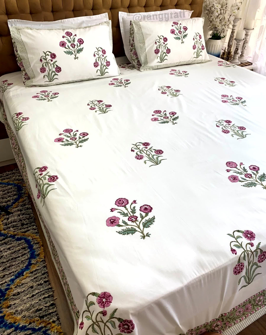 Dark Fuchsia Floral King Size 250 TC Bedsheet Pure Cotton Hand Block - Bedsheet