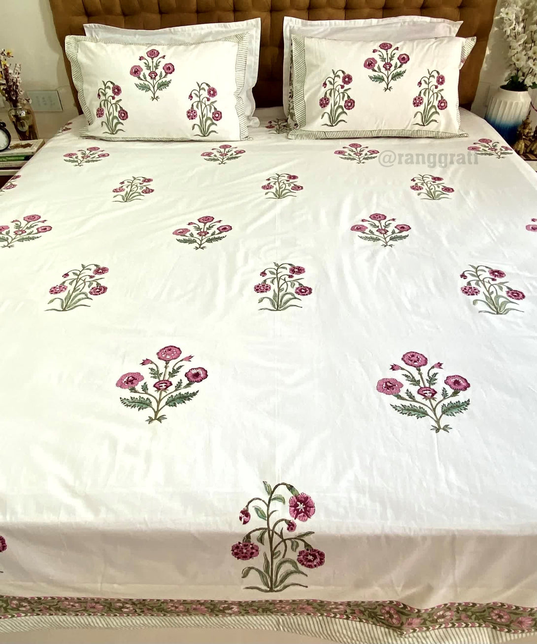 Dark Fuchsia Floral King Size 250 TC Bedsheet Pure Cotton Hand Block - Bedsheet