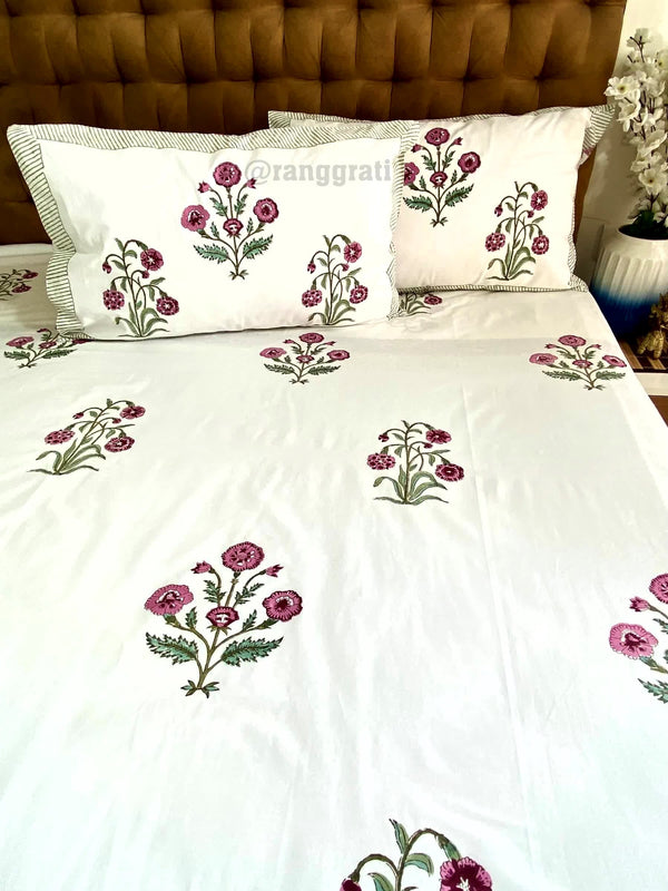 Dark Fuchsia Floral King Size 250 TC Bedsheet Pure Cotton Hand Block - Bedsheet