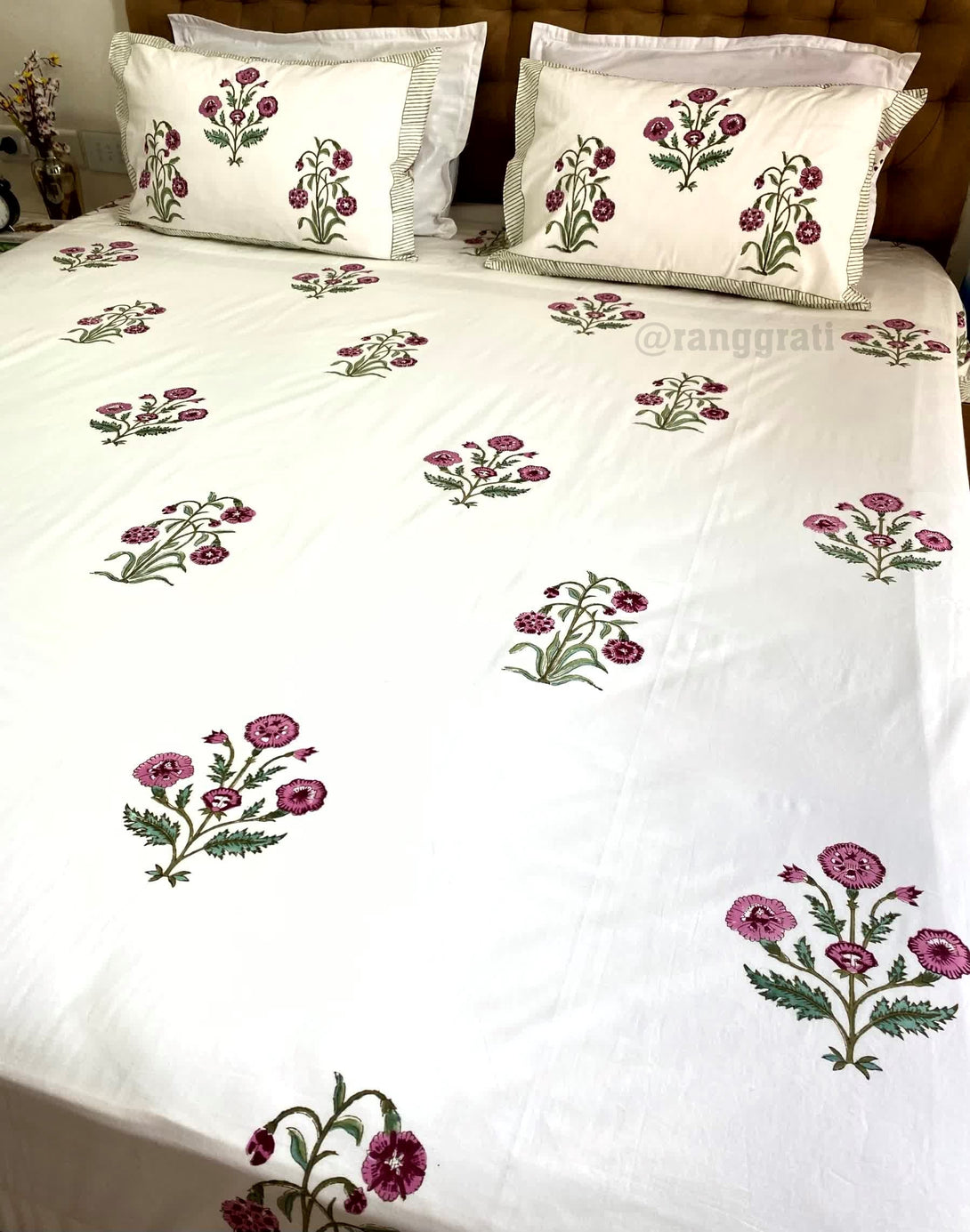 Dark Fuchsia Floral King Size 250 TC Bedsheet Pure Cotton Hand Block - Bedsheet