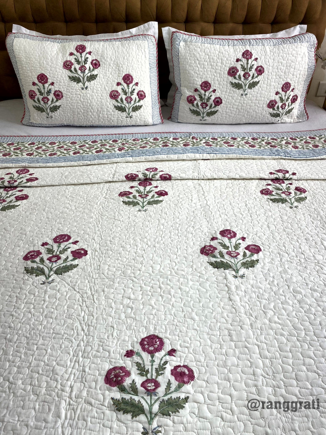 Dark Fuchsia Floral Quilted Bedcover Super King 108 X 108
