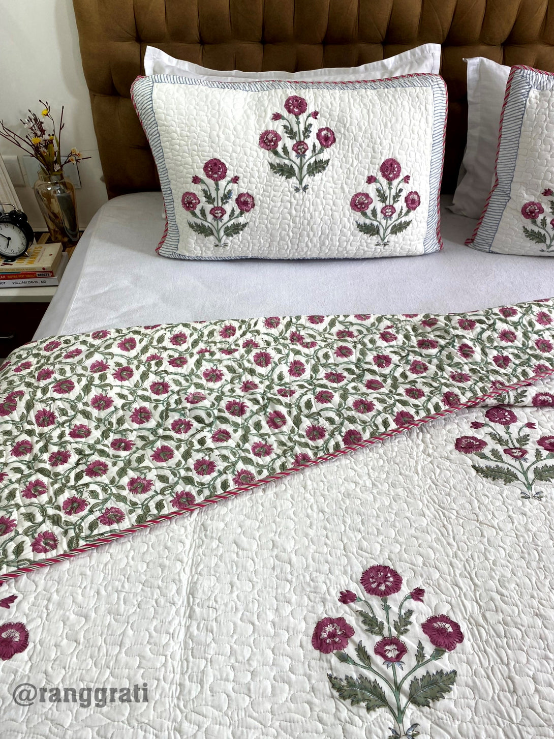 Dark Fuchsia Floral Quilted Bedcover Super King 108 X 108 Reversible