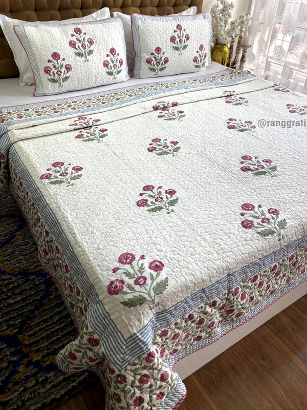 Super King Size Dark Fuchsia Floral Quilted Bedcover 