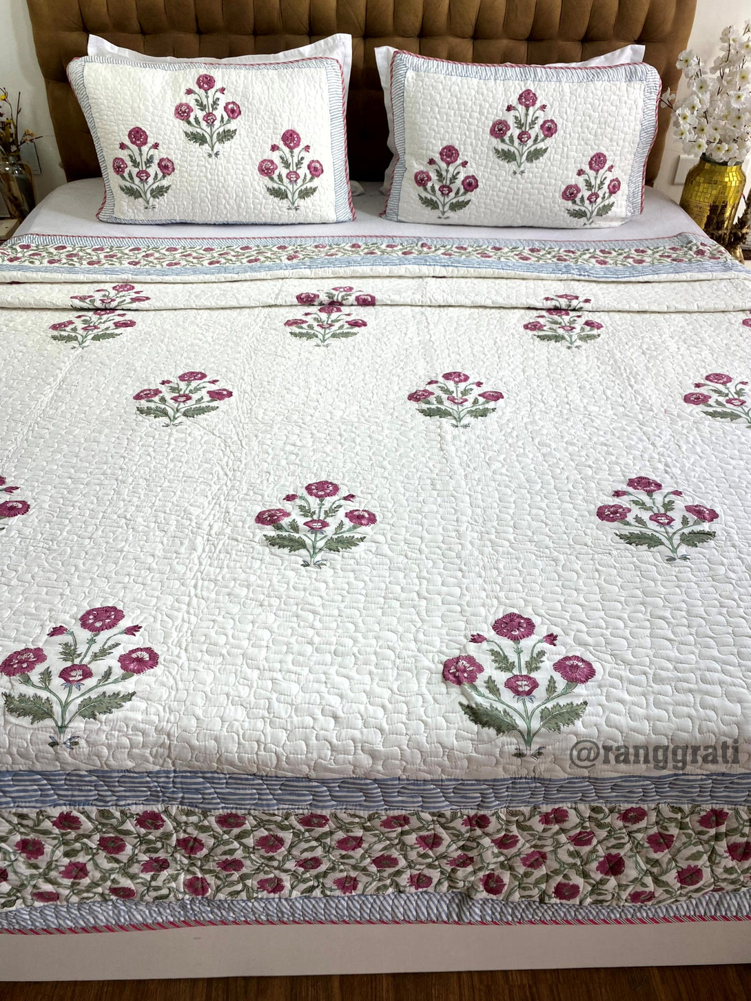 Dark Fuchsia Floral Quilted Bedcover Super King Size