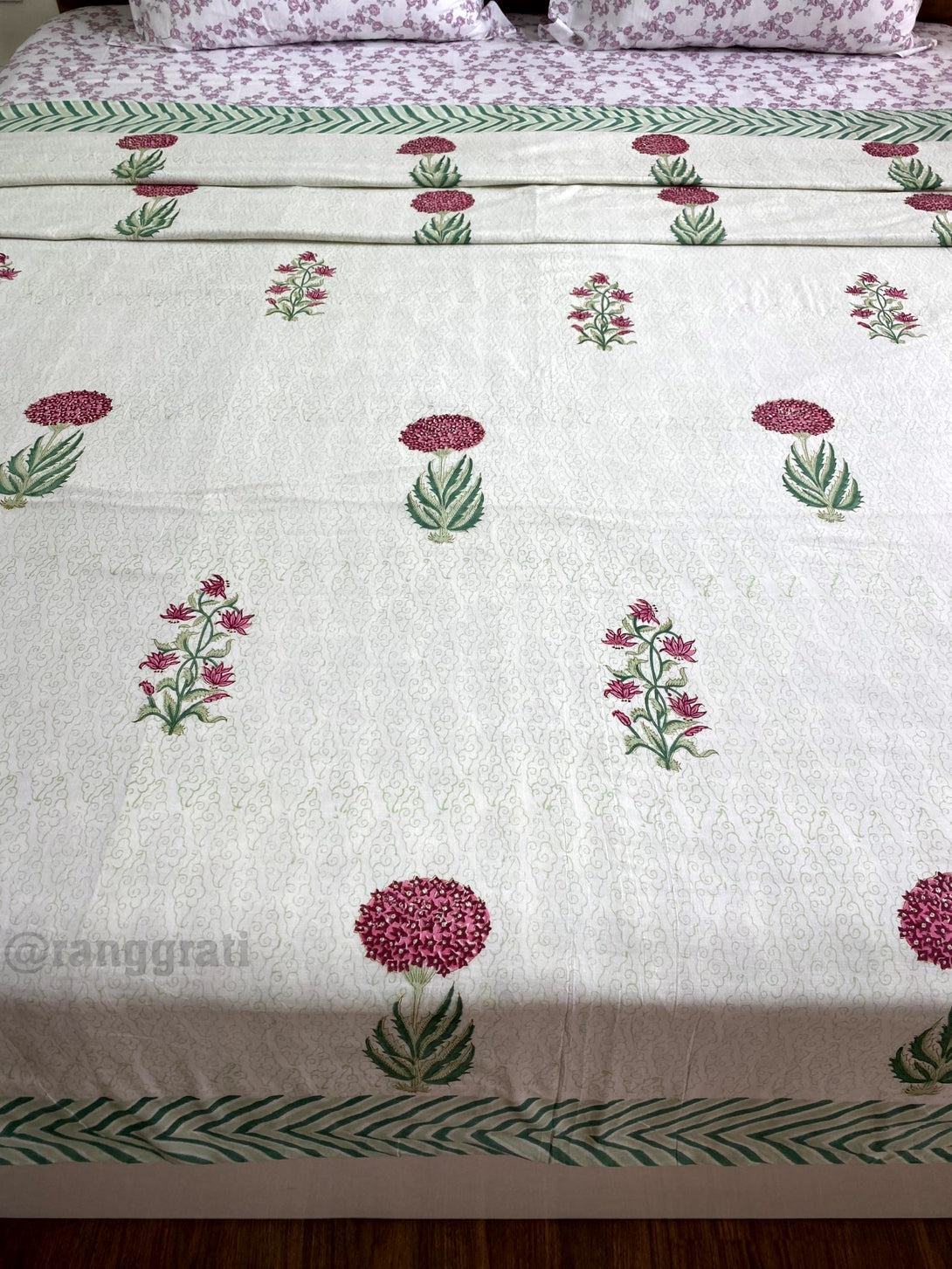 King Size Dark Fuchsia Pink Floral Dohar For Double Bed In Mulmul Cotton 