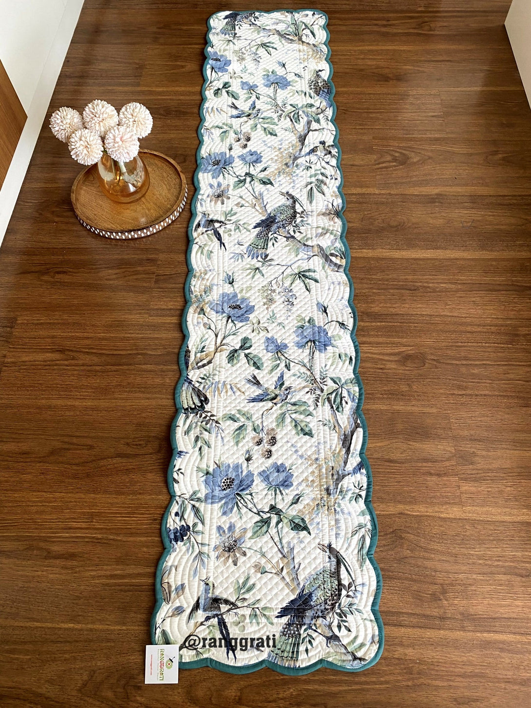 Dark Green Birdie Quilted Reversible Cotton Table Runner 6 Seater Dining Table - Table Runner