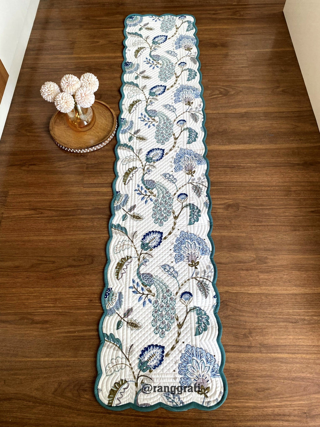 Dark Green Birdie Quilted Reversible Cotton Table Runner 6 Seater Dining Table - Table Runner