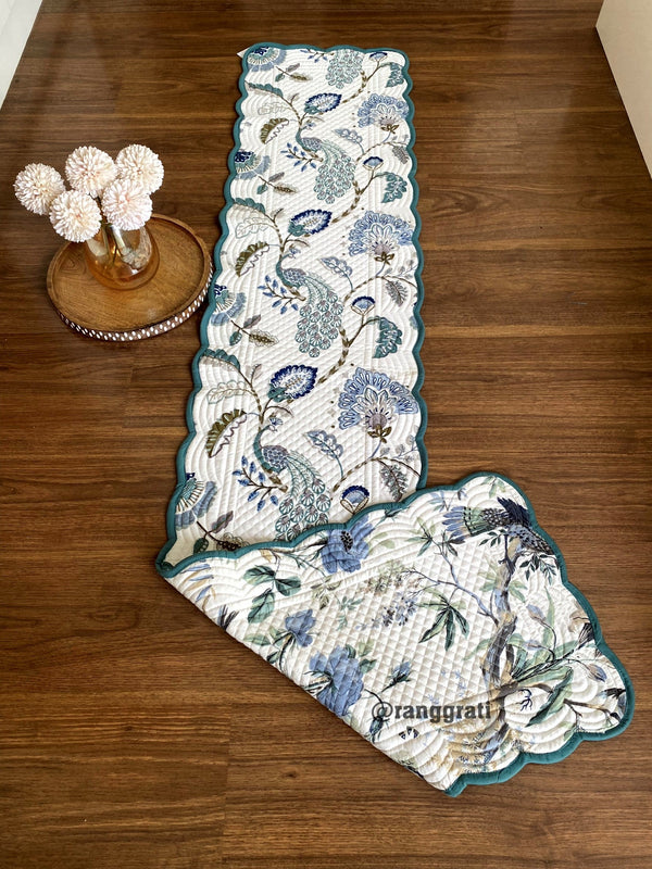 Dark Green Birdie Quilted Reversible Cotton Table Runner 6 Seater Dining Table - Table Runner