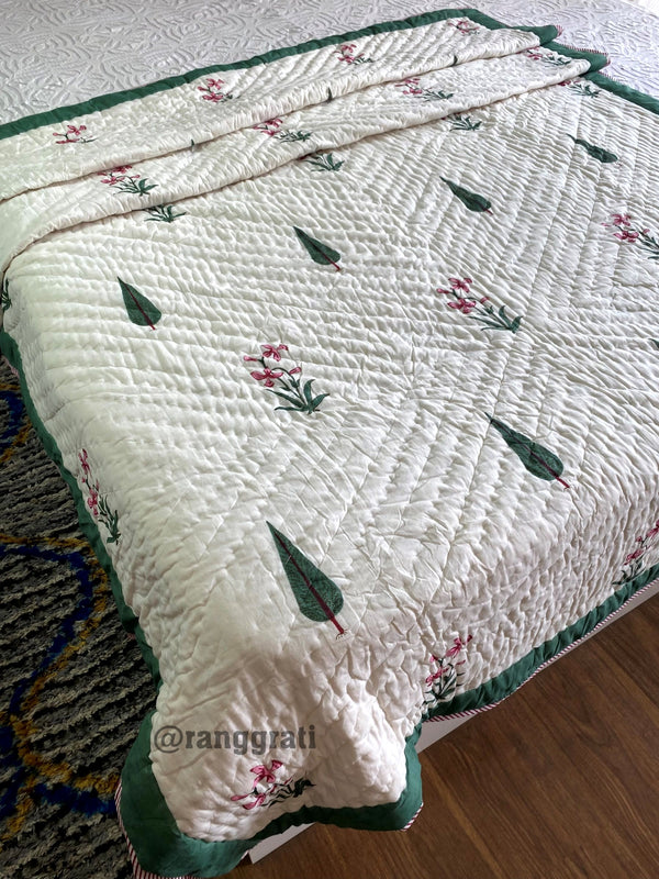 Dark Green Pine Single Bed Jaipuri Razai / Quilt Cotton Hand Block