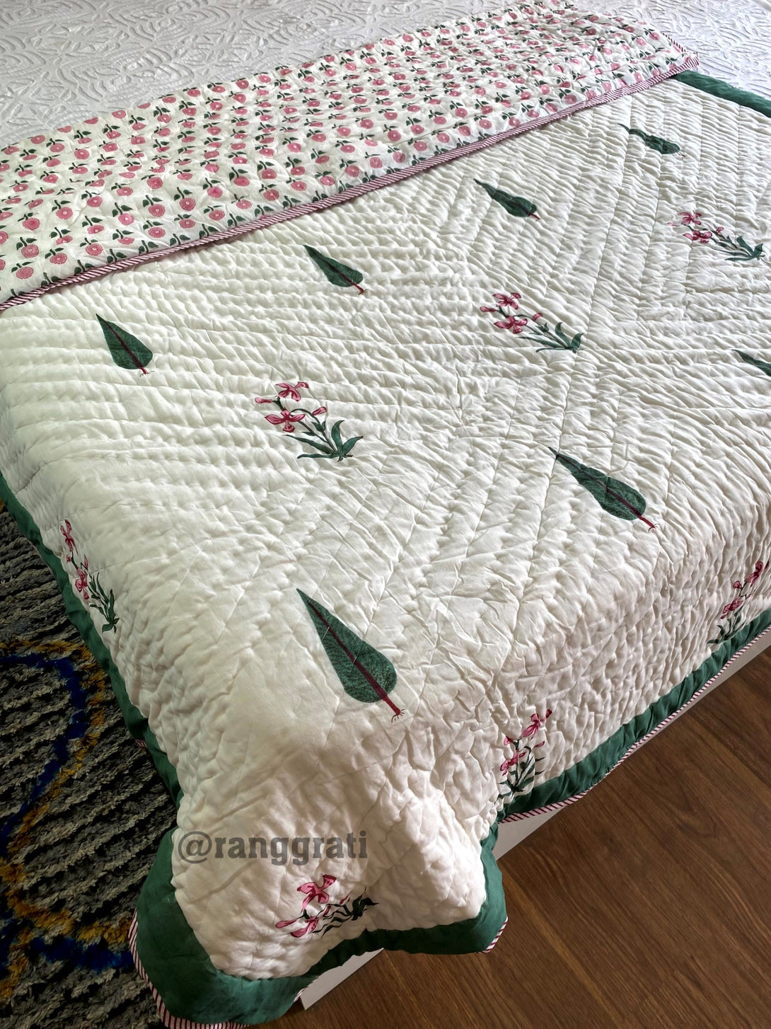 Hand Block Dark Green Pine Single Bed Jaipuri Razai / Quilt Cotton