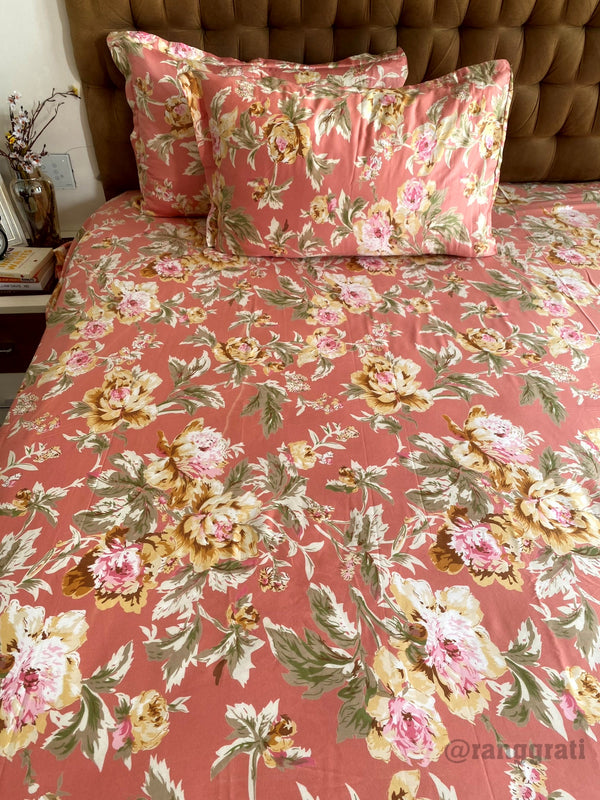 Dark Peach Floral Cotton Bedsheet 108x108 inches