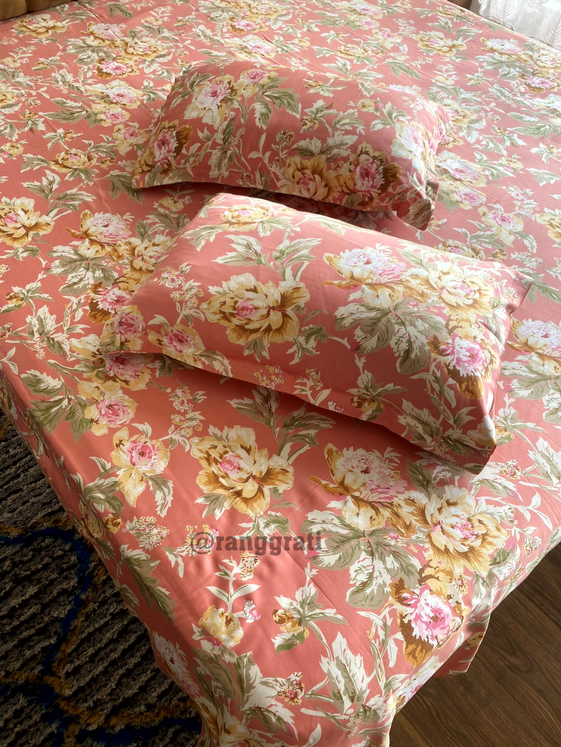 Dark Peach Floral Cotton Bedsheet 108x108 inches With Pillow Covers