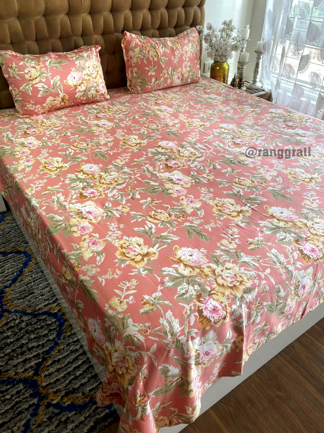 Dark Peach Floral Cotton Bedsheet Super King Size