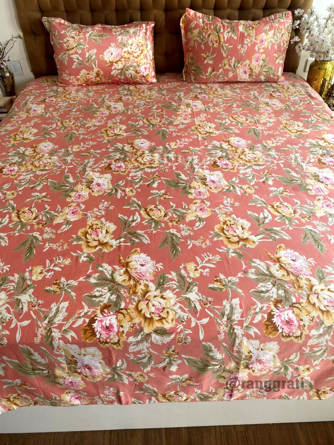 Super King Size Dark Peach Floral Cotton Bedsheet 