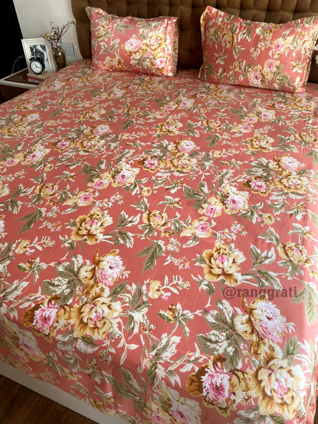 Dark Peach Floral Bedsheet 108x108 inches Cotton 
