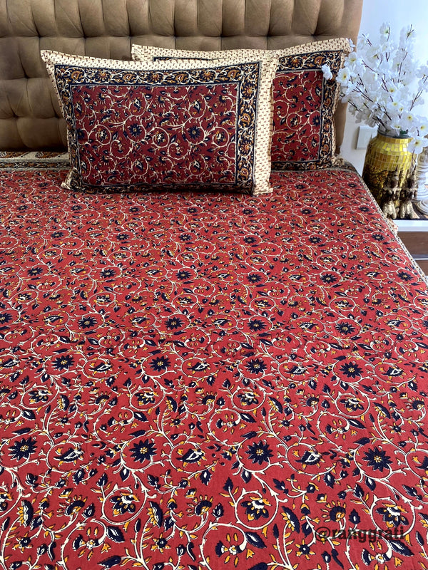 Dark Red Jaal Floral Jaipuri Cotton Bedsheet King Size