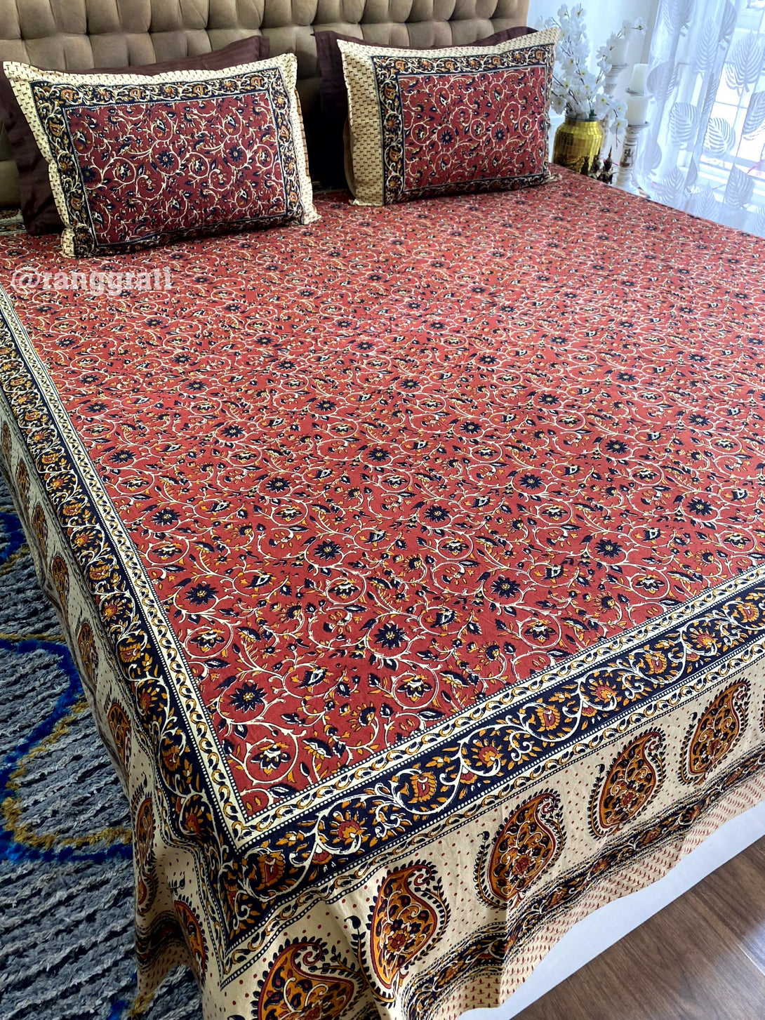 King Size Dark Red Jaal Floral Jaipuri Cotton Bedsheet