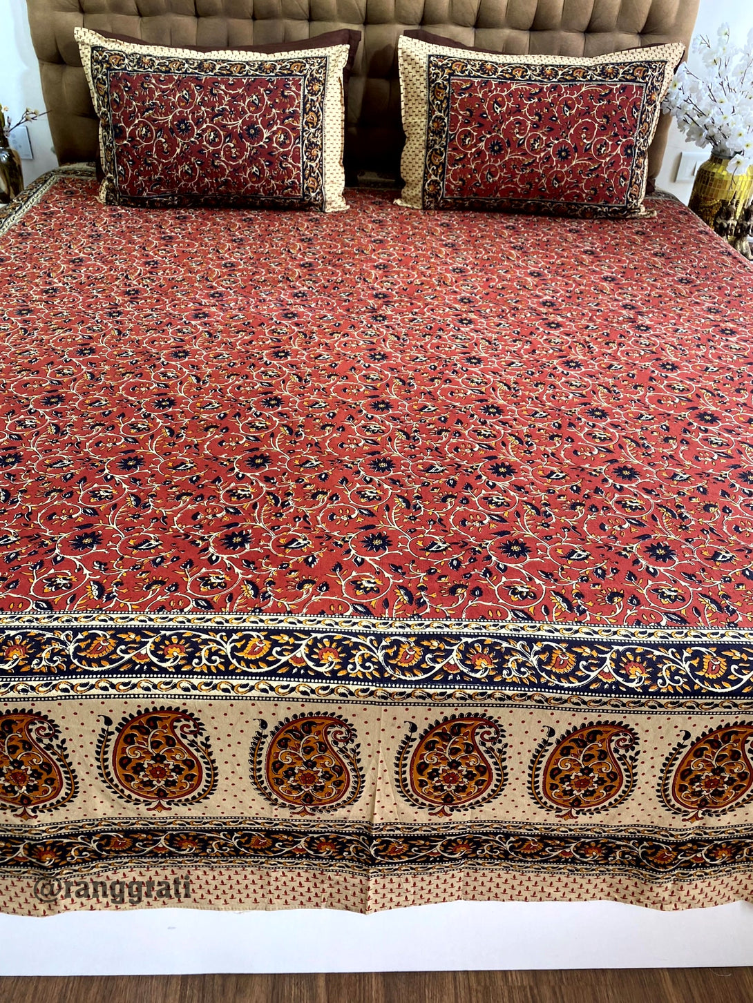 Dark Red Jaal Floral King Size Jaipuri Cotton Bedsheet