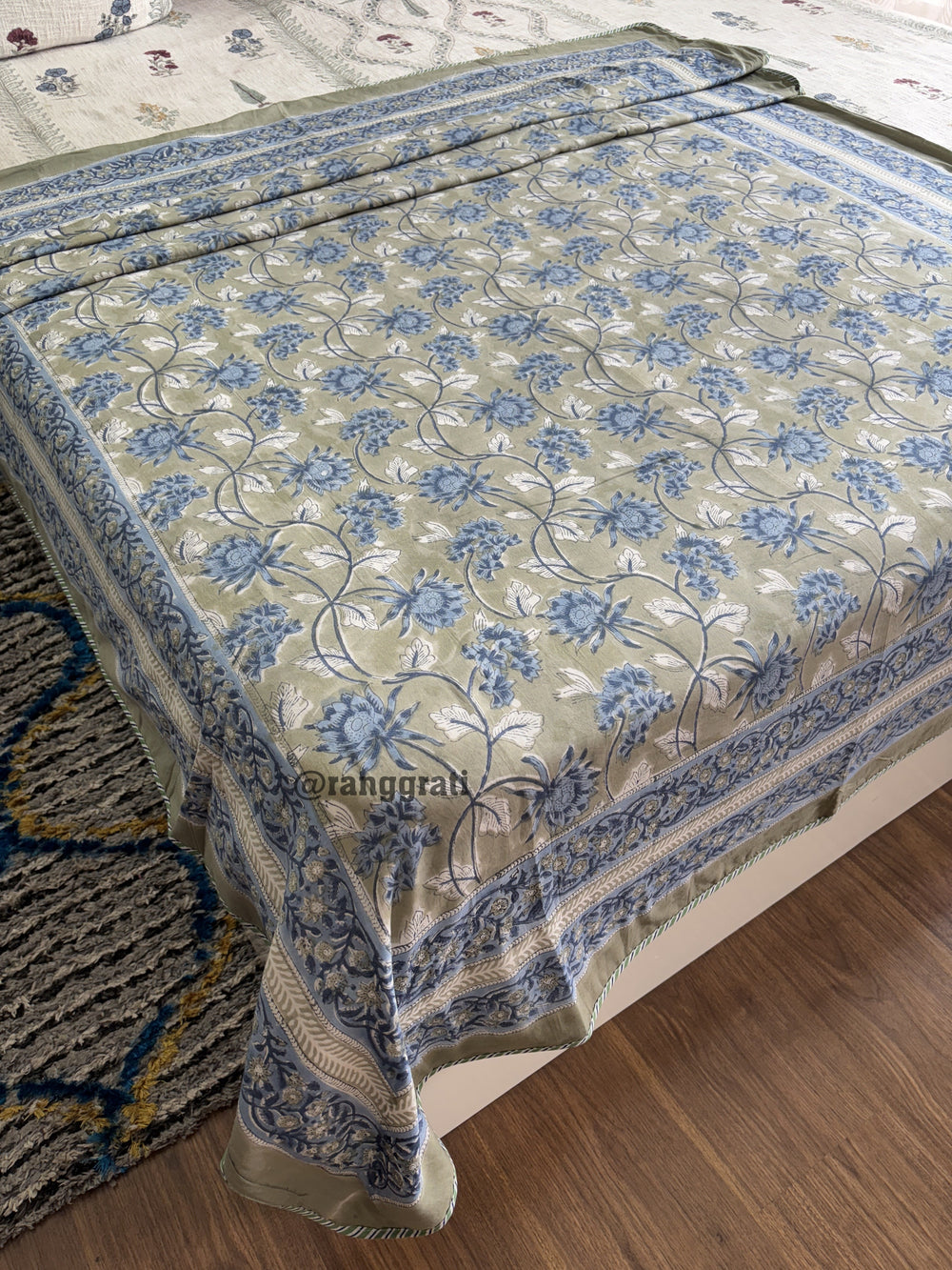 Dark Sea Green-Blue Floral Dohar For Single Bed In Mulmul Cotton Reversible