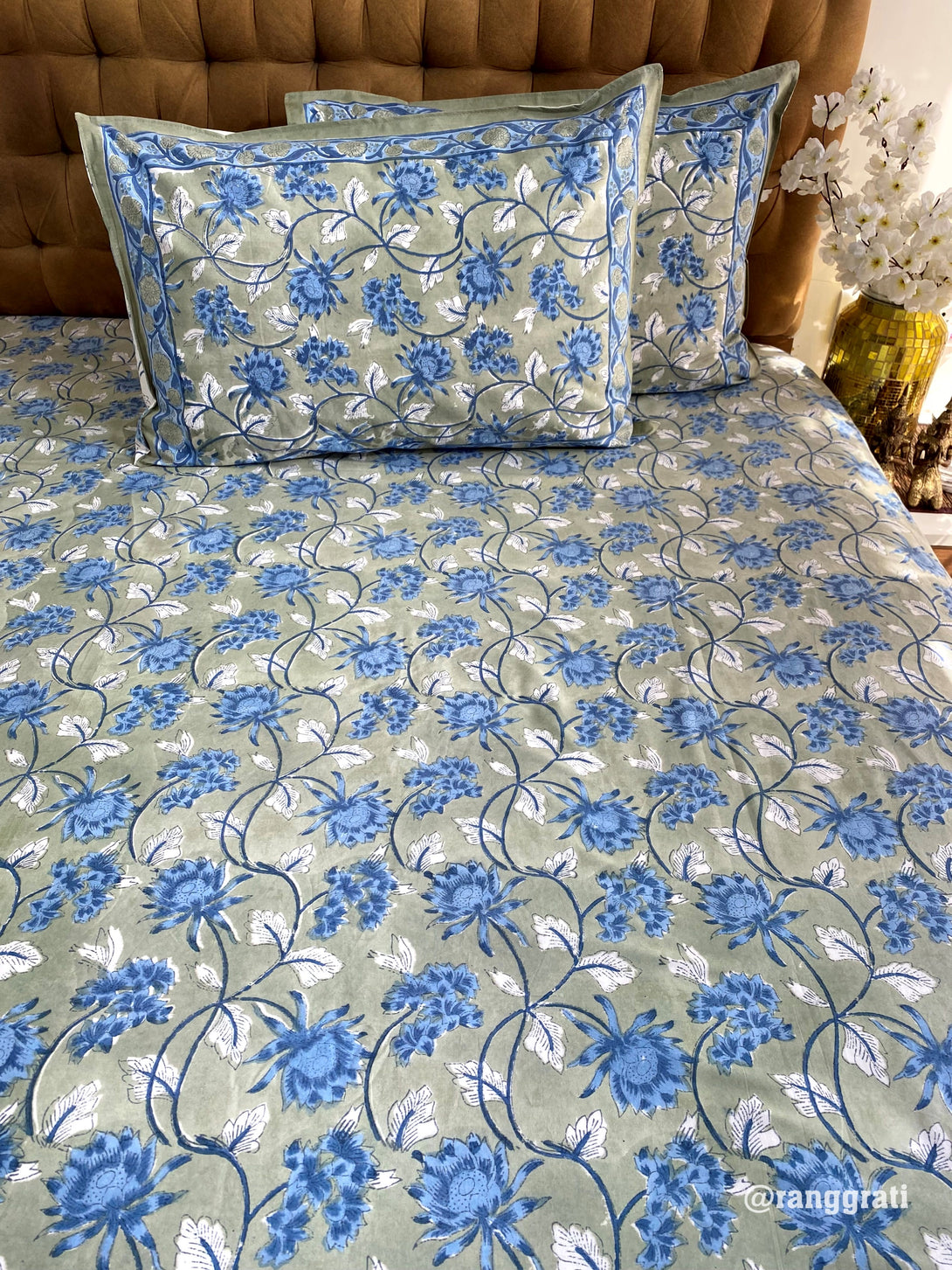 Dark Sea Green-Blue Jaal Floral Hand Block Cotton King Size Bedsheet