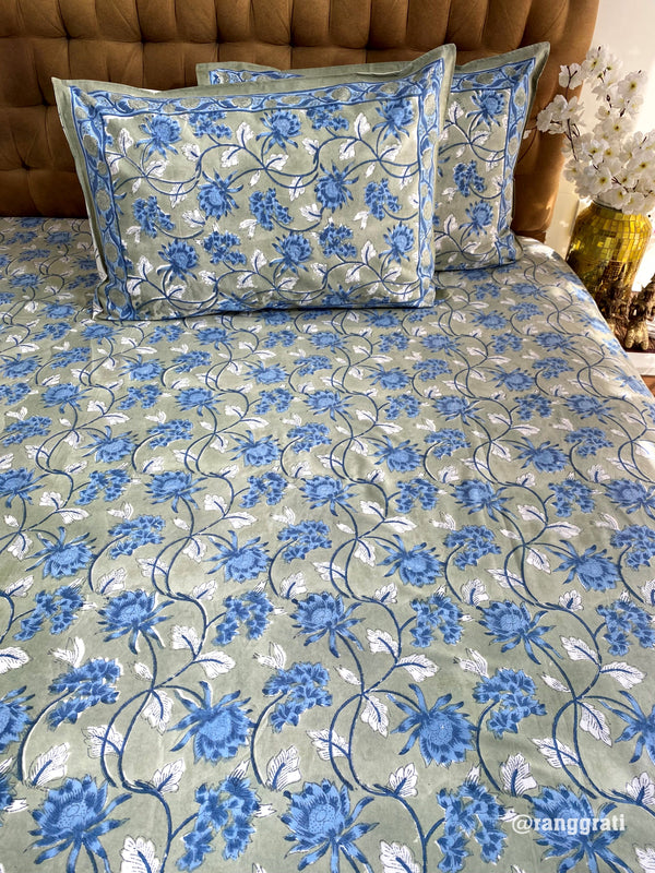 Dark Sea Green-Blue Jaal Floral Hand Block Cotton King Size Bedsheet