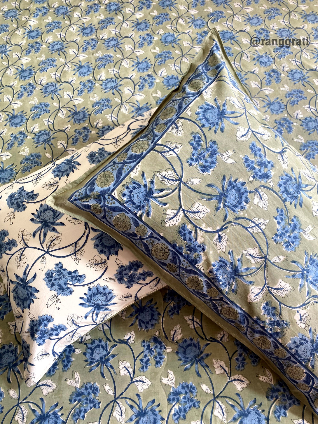 Dark Sea Green-Blue Jaal Floral Hand Block Cotton King Size Bedsheet With Pillow Covers