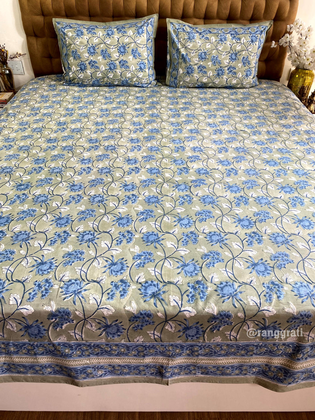 King Size Dark Sea Green-Blue Jaal Floral Hand Block Cotton Bedsheet