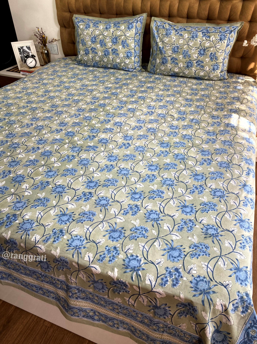 Dark Sea Green-Blue Jaal Floral Hand Block Cotton Bedsheet King Size