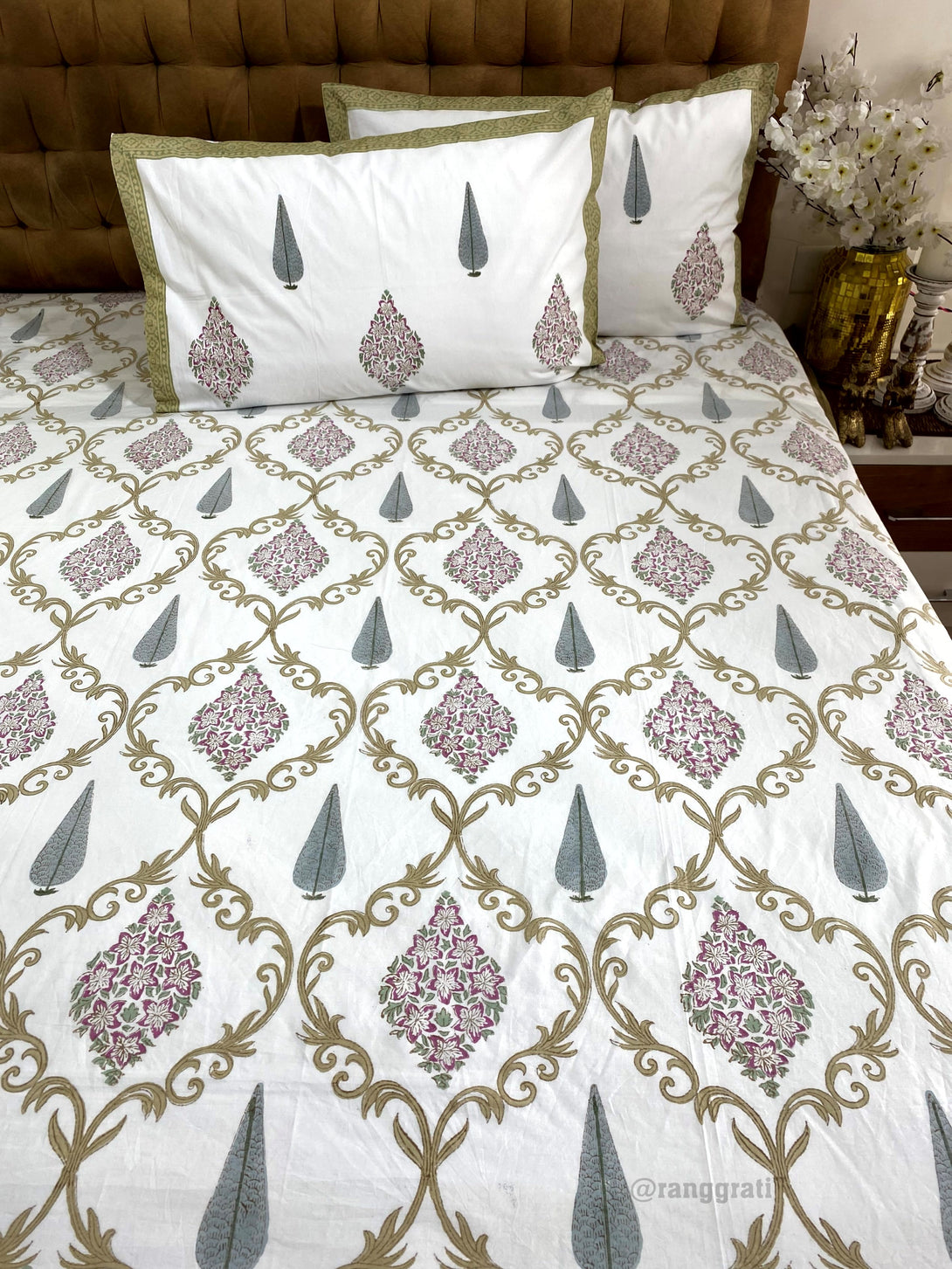 Dark Tan Lattice Floral Hand Block Cotton King Size Bedsheet