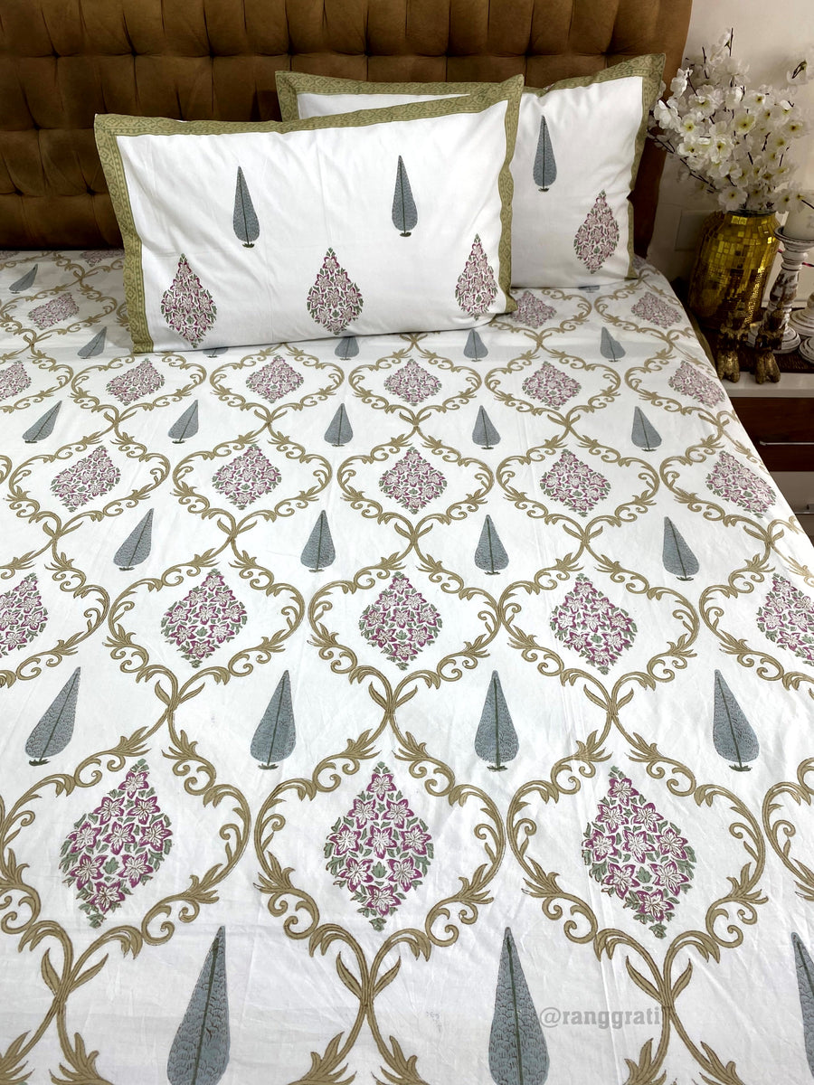 Dark Tan Lattice Floral Hand Block Cotton King Size Bedsheet