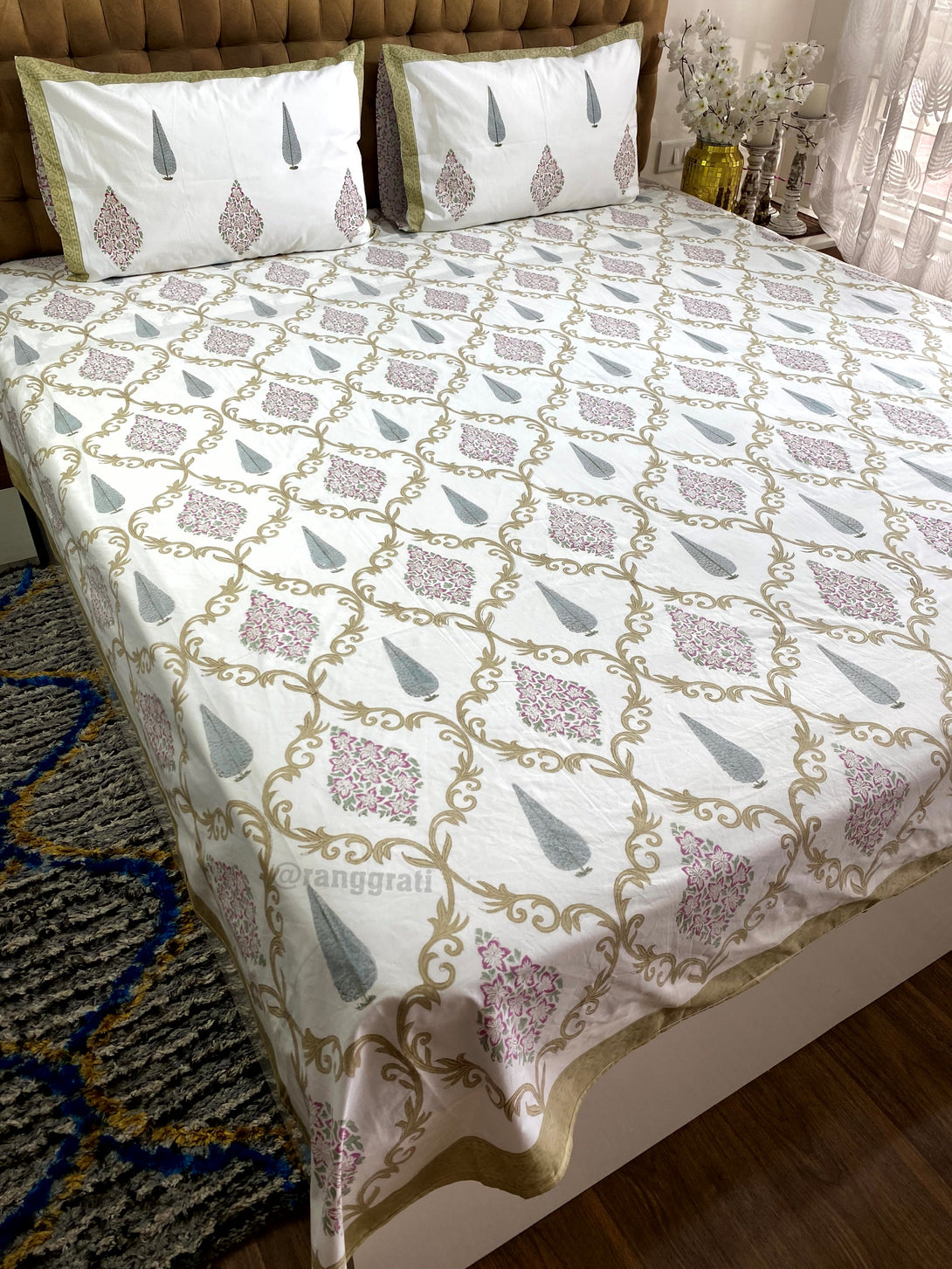 Dark Tan Lattice Floral Hand Block Cotton Bedsheet King Size