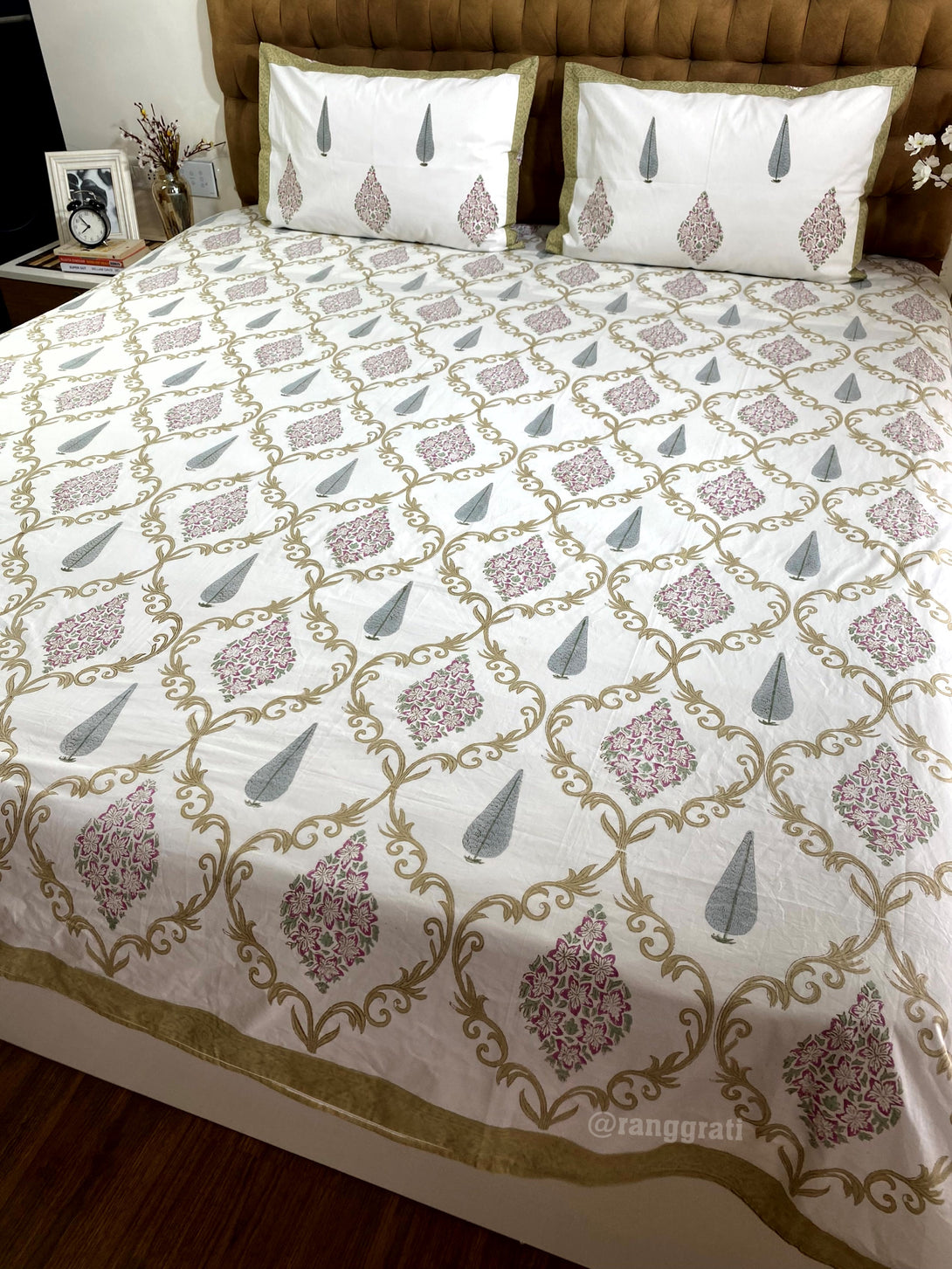 Hand Block Cotton Dark Tan Lattice Floral King Size Bedsheet