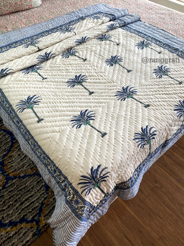 Denim Blue Tree Single Bed Jaipuri Razai / Quilt Cotton Hand Block