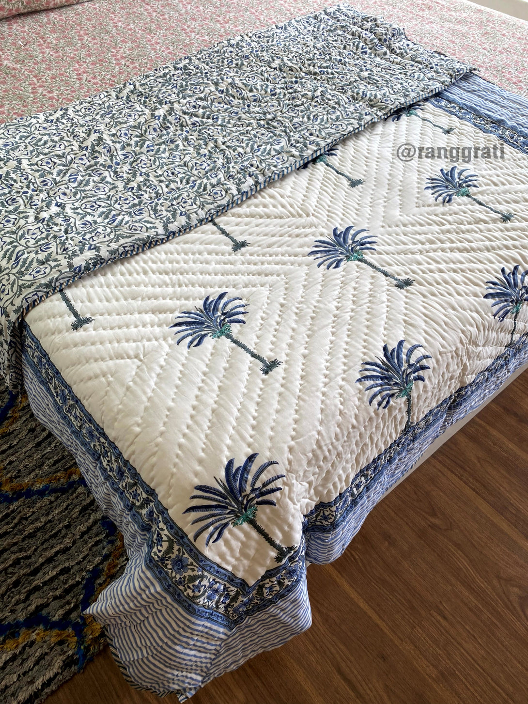 Denim Blue Tree Single Bed Jaipuri Razai / Quilt Cotton Hand Block Reversible